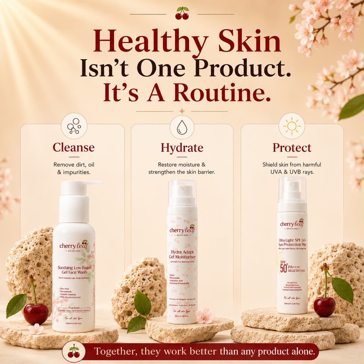 Healthy skin isn't one product, it's a routine — Cleanse, Hydrate, Protect